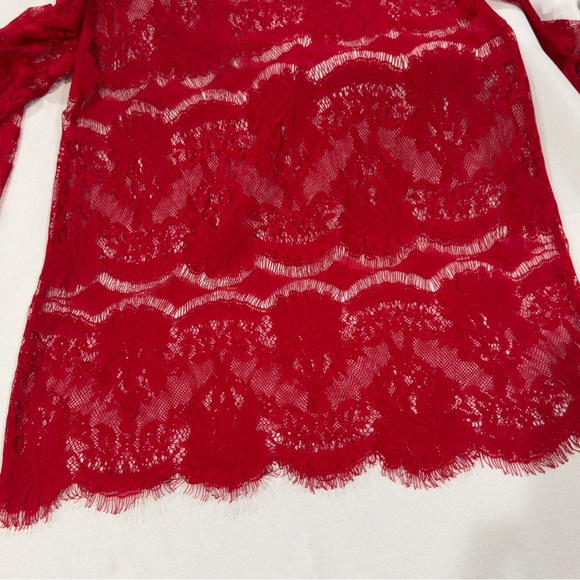 Red Lace Top Fossil Eyelash Lace Sheer 3/4 Sleeved Size XSmall - Picture 5 of 6